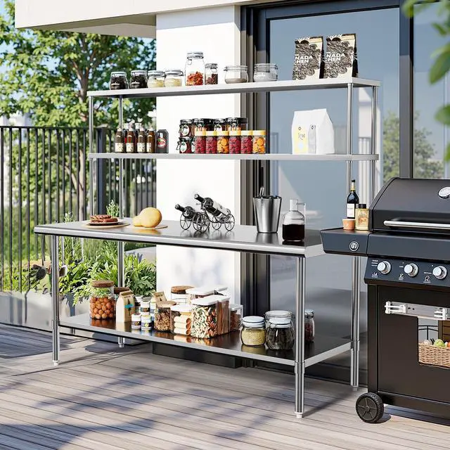 Alt view image 6 of 6 - Stainless Steel Table with Overshelves 72" X 30", NSF Commercial Heavy Duty with Adjustable Undershelf & Detachable Hooks, Metal Prep Table for Kitchen, Restaurant, Home, Hotel