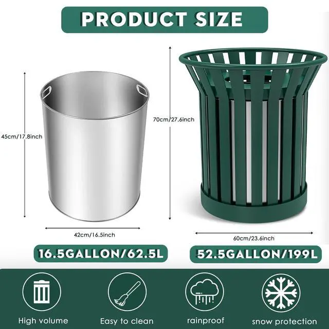 Alt view image 2 of 6 - 27.6IN Round Large Outdoor Trash Can, Heavy Duty Metal Slatted Garbage Can Outdoor, All Weather Resistant Commercial Garbage Cans, Waste Receptacle in Park, School, Beach, Patio, Green