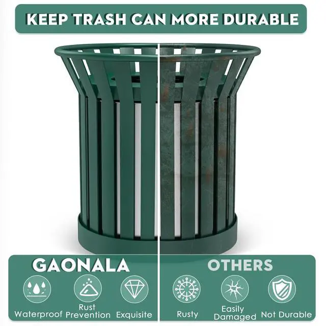 Alt view image 3 of 6 - 27.6IN Round Large Outdoor Trash Can, Heavy Duty Metal Slatted Garbage Can Outdoor, All Weather Resistant Commercial Garbage Cans, Waste Receptacle in Park, School, Beach, Patio, Green