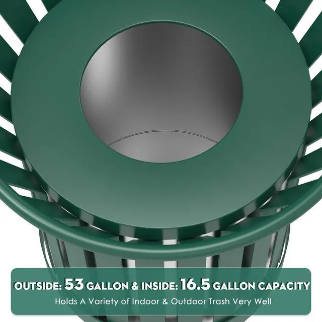 Alt view image 4 of 6 - 27.6IN Round Large Outdoor Trash Can, Heavy Duty Metal Slatted Garbage Can Outdoor, All Weather Resistant Commercial Garbage Cans, Waste Receptacle in Park, School, Beach, Patio, Green
