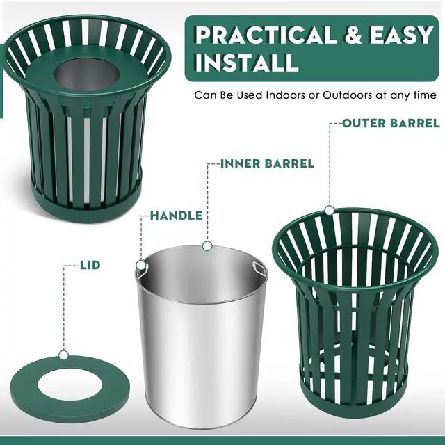 Alt view image 5 of 6 - 27.6IN Round Large Outdoor Trash Can, Heavy Duty Metal Slatted Garbage Can Outdoor, All Weather Resistant Commercial Garbage Cans, Waste Receptacle in Park, School, Beach, Patio, Green