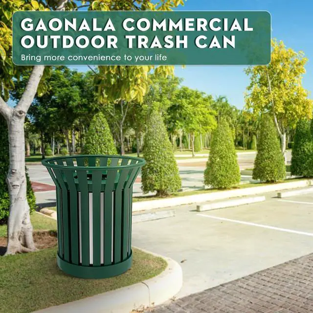 Alt view image 6 of 6 - 27.6IN Round Large Outdoor Trash Can, Heavy Duty Metal Slatted Garbage Can Outdoor, All Weather Resistant Commercial Garbage Cans, Waste Receptacle in Park, School, Beach, Patio, Green