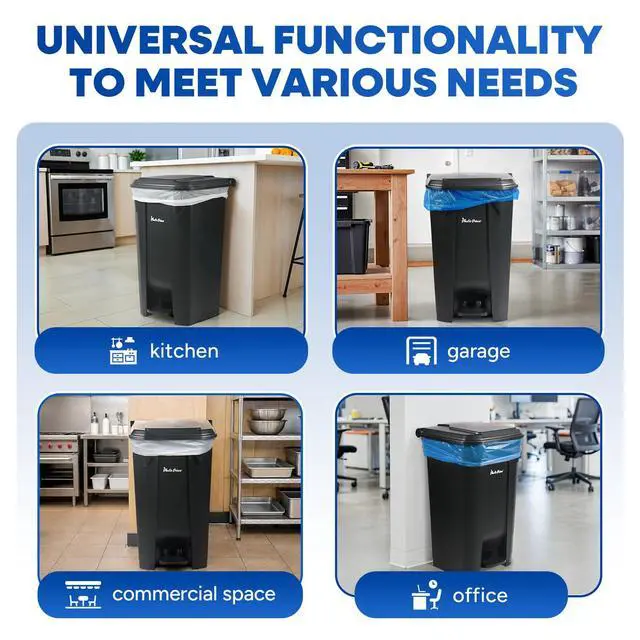 Alt view image 5 of 6 - 27 Gallon Step-On Trash Can/Container, Black Plastic Dustbin with Lid and Foot Pedal, Hands-Free Disposal