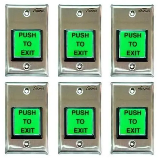 Main image of 6 Pack FPC-7493 VIS-7000 Green Square Push to Exit Button Stainless Steel for Door Access Control with LED Light, NC, COM and NO Outputs