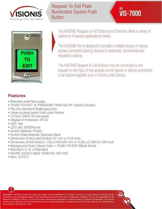 Alt view image 4 of 4 - 6 Pack FPC-7493 VIS-7000 Green Square Push to Exit Button Stainless Steel for Door Access Control with LED Light, NC, COM and NO Outputs
