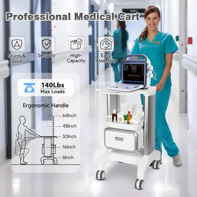Alt view image 3 of 6 - Medical Trolley Mobile Ultrasound Cart 135 LBS Load Professional Portable Storage Cart with 4 Silent Wheels Tray for Hospital Dental Clinic Beauty Salon Office Bedroom