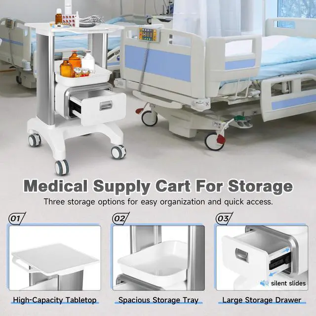Alt view image 4 of 6 - Medical Trolley Mobile Ultrasound Cart 135 LBS Load Professional Portable Storage Cart with 4 Silent Wheels Tray for Hospital Dental Clinic Beauty Salon Office Bedroom