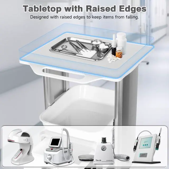 Alt view image 6 of 6 - Medical Trolley Mobile Ultrasound Cart 135 LBS Load Professional Portable Storage Cart with 4 Silent Wheels Tray for Hospital Dental Clinic Beauty Salon Office Bedroom