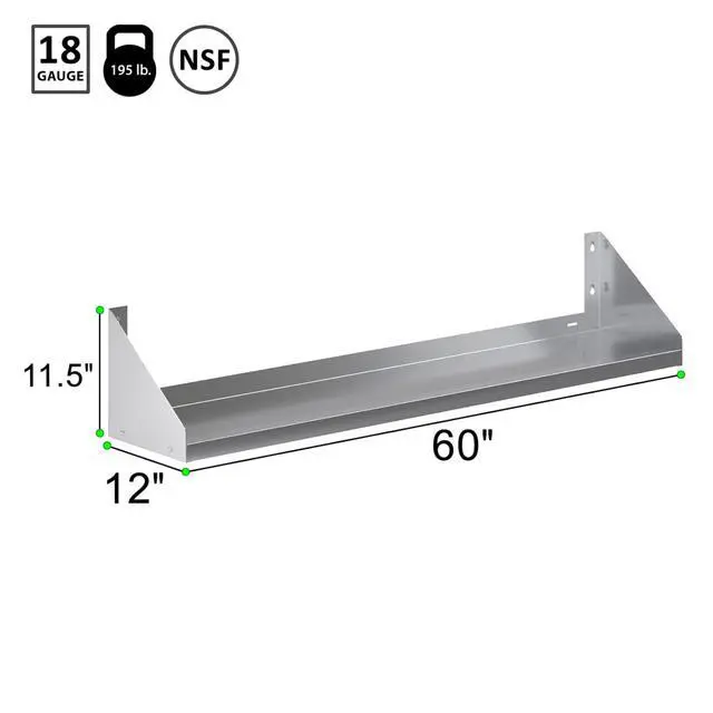 Alt view image 3 of 5 - Premium Quality Stainless Steel Wall Shelf with Side Guards | Commercial Metal Shelving NSF Certified | (60" Long x 12" Deep)