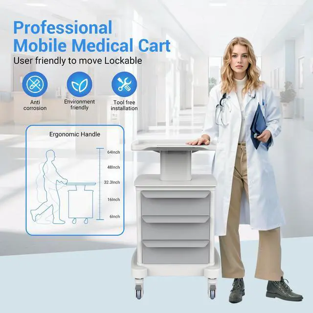 Alt view image 5 of 6 - Medical Carts with Wheels and Drawers, Mobile Ultrasound Cart, Rolling Dental Implant Cart with Caster Wheels, Beauty Trolley Lab Storage Carts for Hospitals, Offices, Clinics, Bedrooms, and Salon