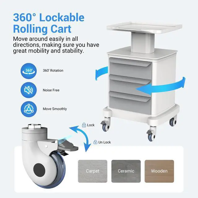 Alt view image 6 of 6 - Medical Carts with Wheels and Drawers, Mobile Ultrasound Cart, Rolling Dental Implant Cart with Caster Wheels, Beauty Trolley Lab Storage Carts for Hospitals, Offices, Clinics, Bedrooms, and Salon