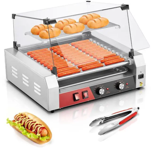 Main image of Hot Dog Roller, 11 Rollers 30 Hot Dogs Capacity, 1650W Stainless Steel Hot Dog Machine with Dual Temperature Control, Bun Warmer Shelf, Glass Hood & Removable Drip Tray for Kitchen Restaurant