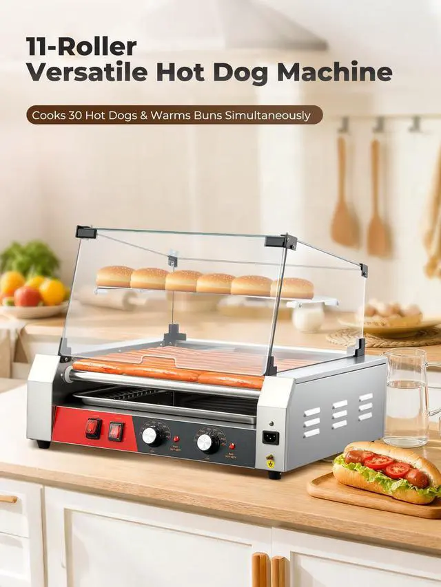 Alt view image 2 of 6 - Hot Dog Roller, 11 Rollers 30 Hot Dogs Capacity, 1650W Stainless Steel Hot Dog Machine with Dual Temperature Control, Bun Warmer Shelf, Glass Hood & Removable Drip Tray for Kitchen Restaurant