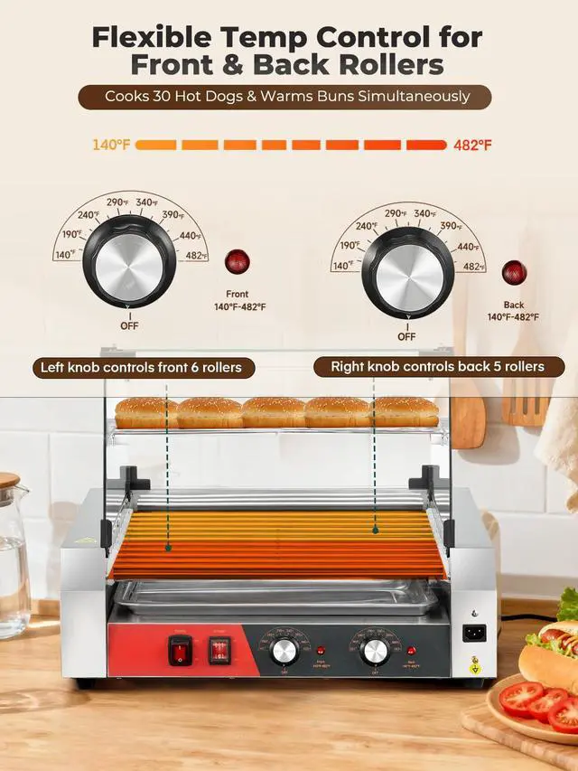 Alt view image 3 of 6 - Hot Dog Roller, 11 Rollers 30 Hot Dogs Capacity, 1650W Stainless Steel Hot Dog Machine with Dual Temperature Control, Bun Warmer Shelf, Glass Hood & Removable Drip Tray for Kitchen Restaurant
