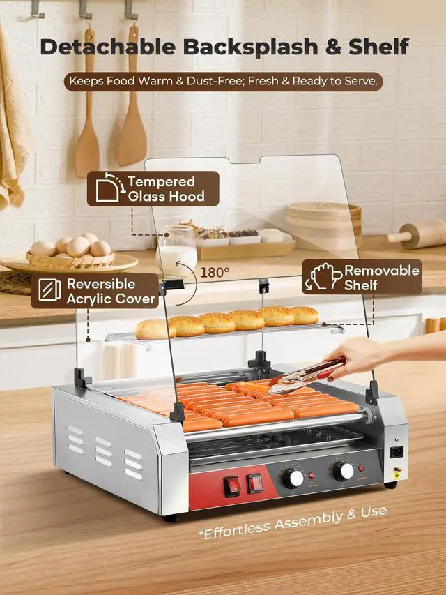 Alt view image 4 of 6 - Hot Dog Roller, 11 Rollers 30 Hot Dogs Capacity, 1650W Stainless Steel Hot Dog Machine with Dual Temperature Control, Bun Warmer Shelf, Glass Hood & Removable Drip Tray for Kitchen Restaurant