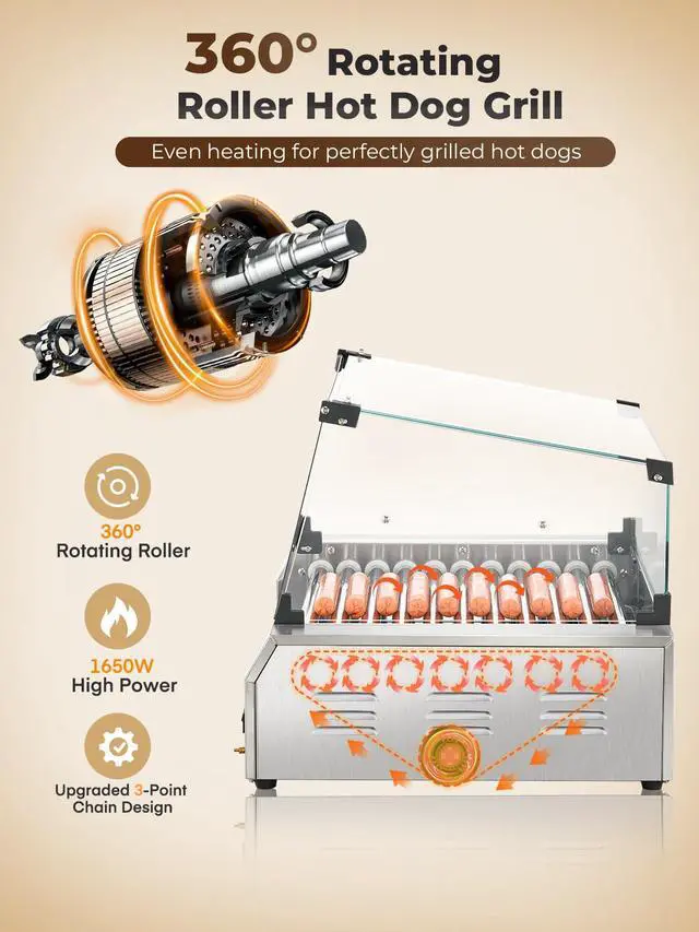 Alt view image 5 of 6 - Hot Dog Roller, 11 Rollers 30 Hot Dogs Capacity, 1650W Stainless Steel Hot Dog Machine with Dual Temperature Control, Bun Warmer Shelf, Glass Hood & Removable Drip Tray for Kitchen Restaurant
