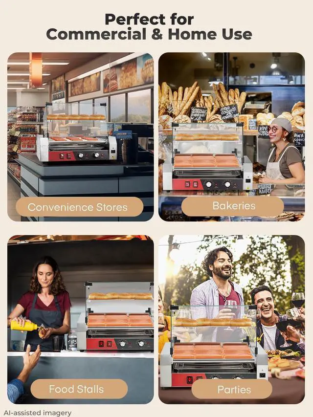 Alt view image 6 of 6 - Hot Dog Roller, 11 Rollers 30 Hot Dogs Capacity, 1650W Stainless Steel Hot Dog Machine with Dual Temperature Control, Bun Warmer Shelf, Glass Hood & Removable Drip Tray for Kitchen Restaurant