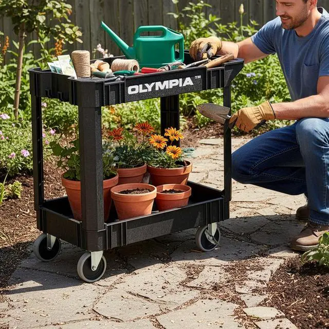 Alt view image 2 of 6 - 2 Shelf Black Rolling Utility Cart - Supports Up to 500 lbs, Comfort Handle - Heavy Duty Carts with Wheels - Great for Warehouse, Garage, Manufacturing, Cleaning