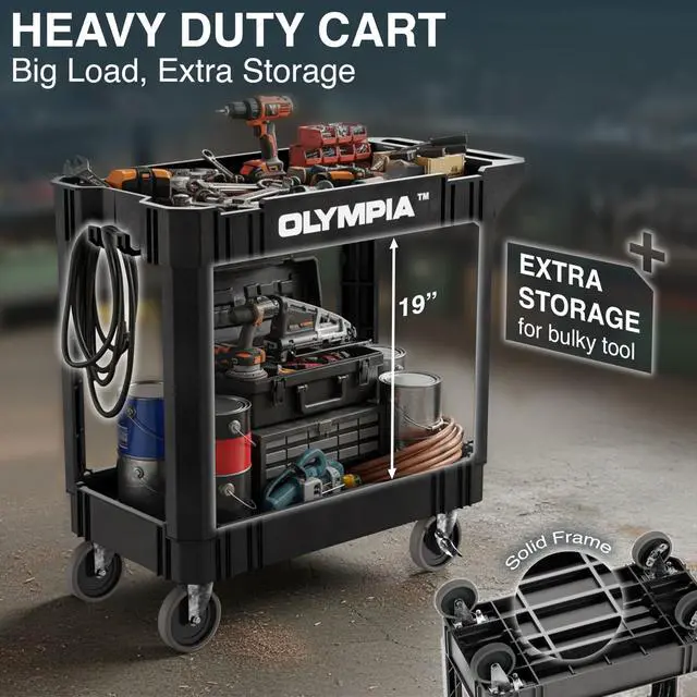 Alt view image 3 of 6 - 2 Shelf Black Rolling Utility Cart - Supports Up to 500 lbs, Comfort Handle - Heavy Duty Carts with Wheels - Great for Warehouse, Garage, Manufacturing, Cleaning