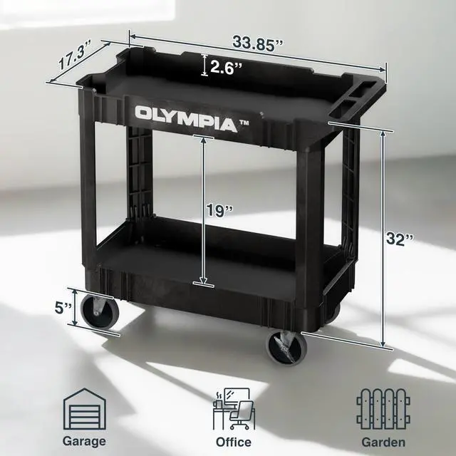 Alt view image 4 of 6 - 2 Shelf Black Rolling Utility Cart - Supports Up to 500 lbs, Comfort Handle - Heavy Duty Carts with Wheels - Great for Warehouse, Garage, Manufacturing, Cleaning