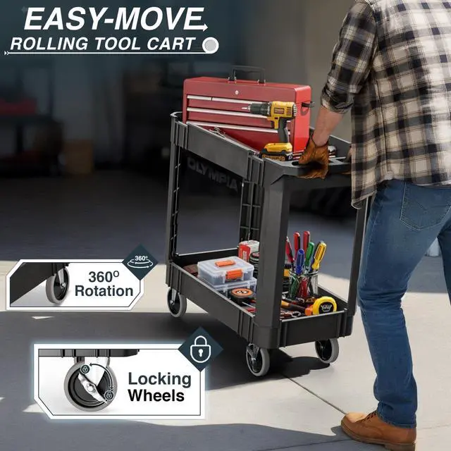 Alt view image 5 of 6 - 2 Shelf Black Rolling Utility Cart - Supports Up to 500 lbs, Comfort Handle - Heavy Duty Carts with Wheels - Great for Warehouse, Garage, Manufacturing, Cleaning