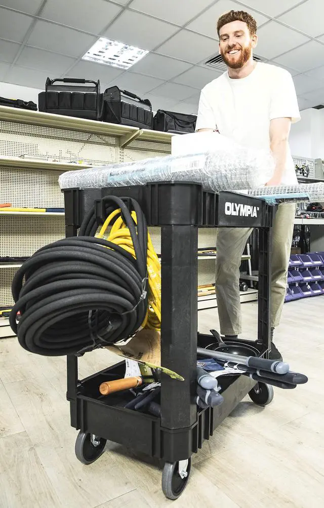 Alt view image 6 of 6 - 2 Shelf Black Rolling Utility Cart - Supports Up to 500 lbs, Comfort Handle - Heavy Duty Carts with Wheels - Great for Warehouse, Garage, Manufacturing, Cleaning