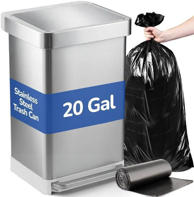 Main image of 20 Gallon Stainless Steel Large Kitchen Trash Can with Foot Pedal, Soft Close Lid and Trash Bag Retainer Rim