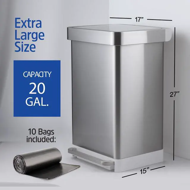 Alt view image 3 of 6 - 20 Gallon Stainless Steel Large Kitchen Trash Can with Foot Pedal, Soft Close Lid and Trash Bag Retainer Rim