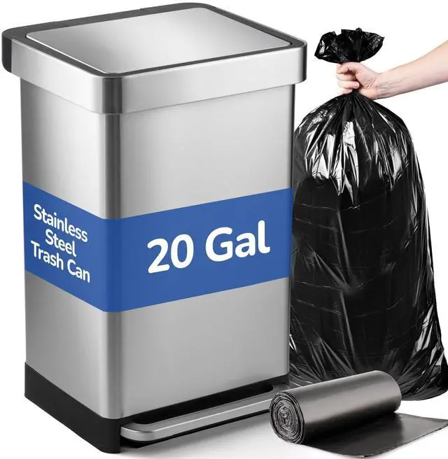 Main image of 20 Gallon Stainless Steel Large Kitchen Trash Can with Foot Pedal, Soft Close Lid and Trash Bag Retainer Rim