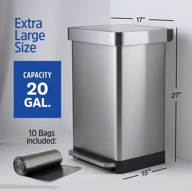 Alt view image 3 of 6 - 20 Gallon Stainless Steel Large Kitchen Trash Can with Foot Pedal, Soft Close Lid and Trash Bag Retainer Rim