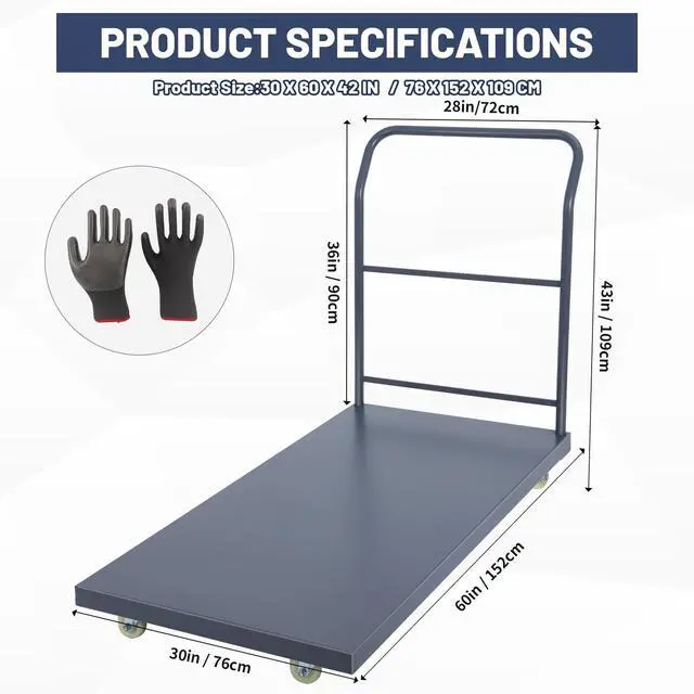 Alt view image 3 of 6 - Heavy Duty Platform Truck, 60"x30" Flatbed Cart, 2000 lbs Capacity Steel Flat Dolly with Swivel Wheels, Industrial Utility Push Cart for Warehouse, Luggage, and Moving
