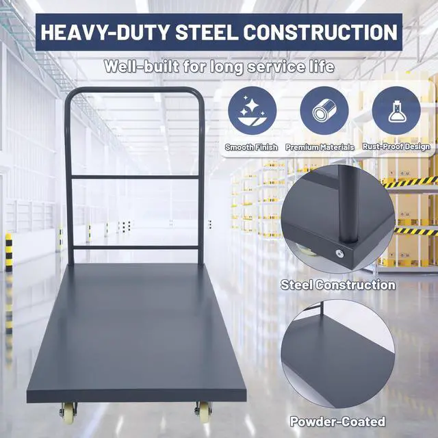 Alt view image 4 of 6 - Heavy Duty Platform Truck, 60"x30" Flatbed Cart, 2000 lbs Capacity Steel Flat Dolly with Swivel Wheels, Industrial Utility Push Cart for Warehouse, Luggage, and Moving
