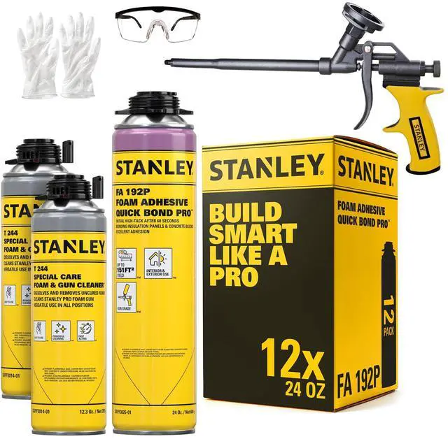 Main image of FA192P Quick Bond Pro Adhesive Foam (12x24oz) | Heavy Duty Polyurethane Foam Adhesive for Construction, Insulation Panels, Concrete, Wood, Metal, Fast Cure, Including Gun, Cleaner | 12 Pack