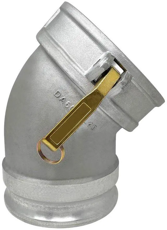 Main image of Aluminum Type DA Cam and Groove Hose Fitting, 45 Degree Elbow, 6" Female Camlock x 6" Male Camlock (CAM-60-DA45-AL)