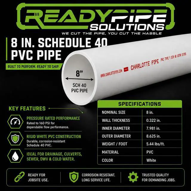 Alt view image 2 of 4 - 8 Inch Schedule 40 PVC Pipe White Rigid for Culverts, Drainage, Sewer, Stormwater, & DWV (8.625" OD x 7.981" ID)