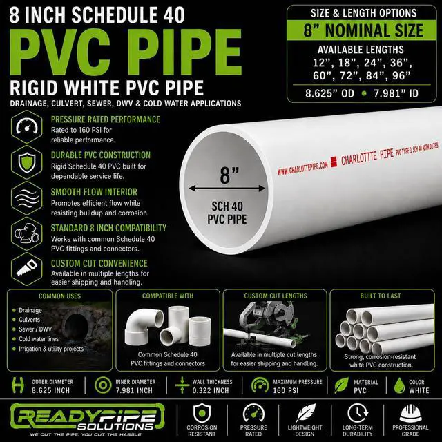 Alt view image 3 of 4 - 8 Inch Schedule 40 PVC Pipe White Rigid for Culverts, Drainage, Sewer, Stormwater, & DWV (8.625" OD x 7.981" ID)