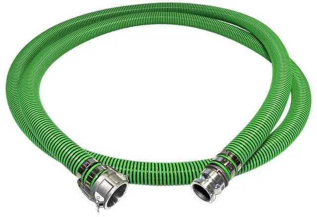 Main image of Heavy Duty EPDM All Weather Suction Hose Assembly, Black Tube, Lime Green Helix, 2" Inside Diameter Hose with Male x Female Cam and Groove Fittings Installed, 25 ft Length