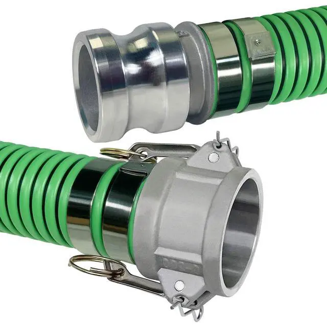 Alt view image 2 of 6 - Heavy Duty EPDM All Weather Suction Hose Assembly, Black Tube, Lime Green Helix, 2" Inside Diameter Hose with Male x Female Cam and Groove Fittings Installed, 25 ft Length