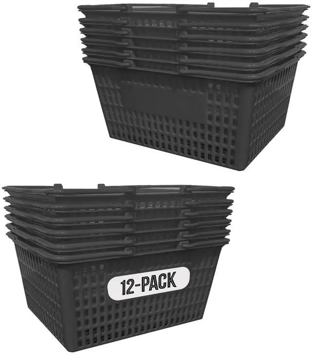 Main image of Stackable Plastic Shopping Baskets, Black, Easy-Grip Handles for Grocery, Retail, Liquor Stores, Home Use (Black, 12-pack)