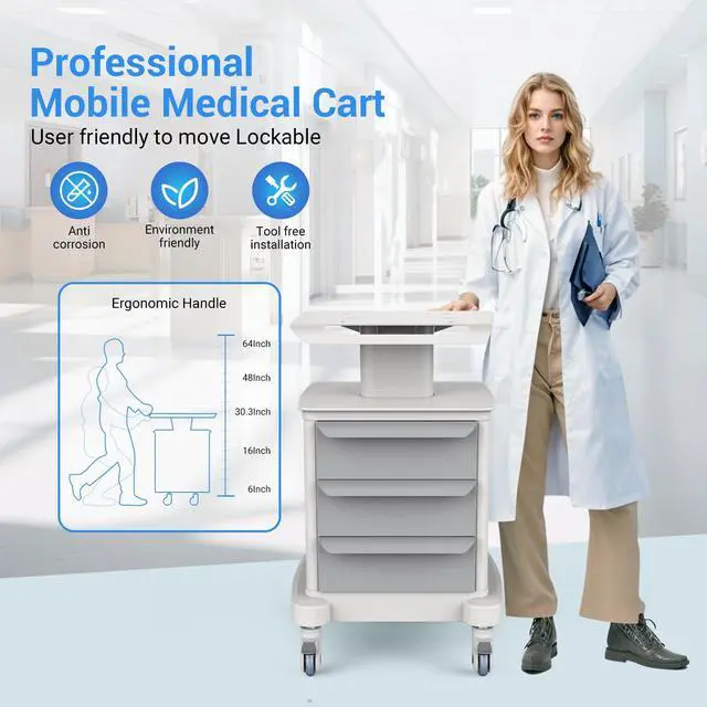 Alt view image 3 of 6 - Medical Carts with Wheels, Mobile Ultrasound Cart, Rolling Dental Carts with Drawers, Professional Trolley Cart with Trays for Hospital Clicnic Lab Beauty Salon
