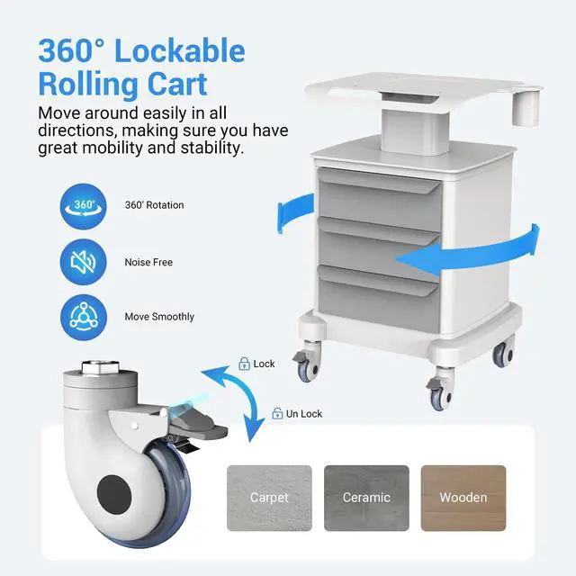 Alt view image 5 of 6 - Medical Carts with Wheels, Mobile Ultrasound Cart, Rolling Dental Carts with Drawers, Professional Trolley Cart with Trays for Hospital Clicnic Lab Beauty Salon