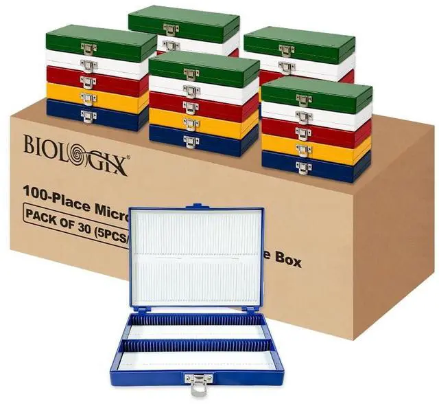 Main image of 30PCS Microscope Slide Storage Box, 100-Place Plastic Microscope Slide Holder with Foam Liner, for 25mm × 75mm Microslides, Assorted Colors, Pack of 30