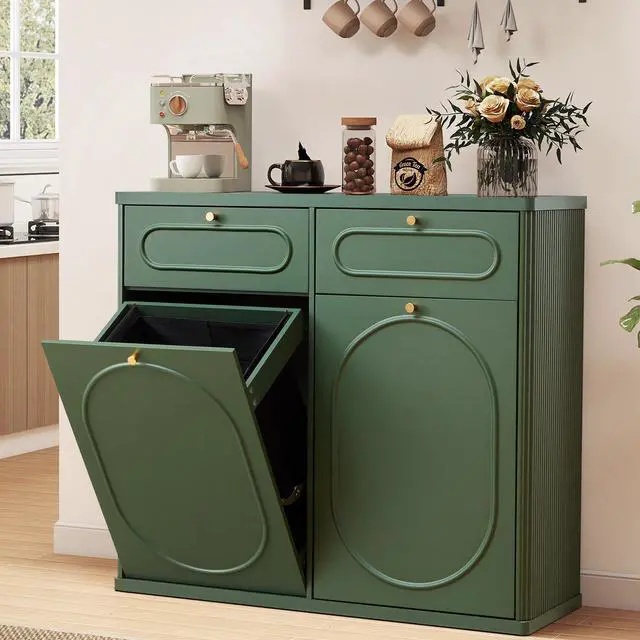 Main image of Double Tilt Out Trash Can Cabinet, Wood Kitchen Garbage Bin with Drawer, Fluted 10 Gallon Laundry Hamper Cabinet, Farmhouse Hidden Trash Can for Kitchen, Living Room, Green