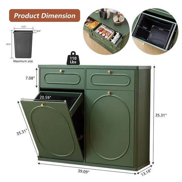 Alt view image 2 of 6 - Double Tilt Out Trash Can Cabinet, Wood Kitchen Garbage Bin with Drawer, Fluted 10 Gallon Laundry Hamper Cabinet, Farmhouse Hidden Trash Can for Kitchen, Living Room, Green