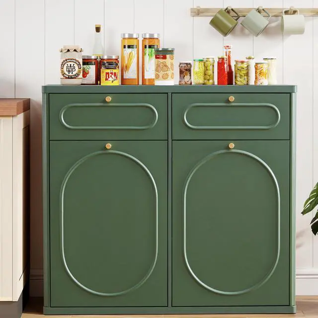 Alt view image 3 of 6 - Double Tilt Out Trash Can Cabinet, Wood Kitchen Garbage Bin with Drawer, Fluted 10 Gallon Laundry Hamper Cabinet, Farmhouse Hidden Trash Can for Kitchen, Living Room, Green