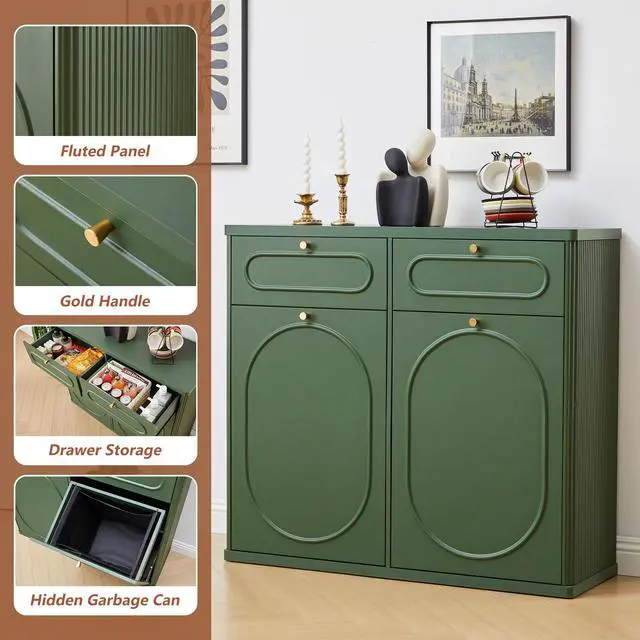 Alt view image 4 of 6 - Double Tilt Out Trash Can Cabinet, Wood Kitchen Garbage Bin with Drawer, Fluted 10 Gallon Laundry Hamper Cabinet, Farmhouse Hidden Trash Can for Kitchen, Living Room, Green