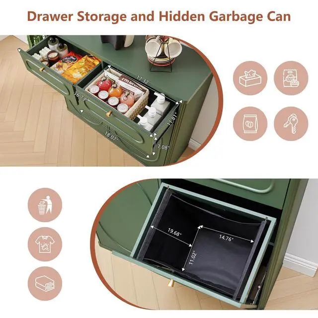 Alt view image 5 of 6 - Double Tilt Out Trash Can Cabinet, Wood Kitchen Garbage Bin with Drawer, Fluted 10 Gallon Laundry Hamper Cabinet, Farmhouse Hidden Trash Can for Kitchen, Living Room, Green