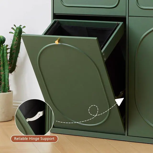 Alt view image 6 of 6 - Double Tilt Out Trash Can Cabinet, Wood Kitchen Garbage Bin with Drawer, Fluted 10 Gallon Laundry Hamper Cabinet, Farmhouse Hidden Trash Can for Kitchen, Living Room, Green