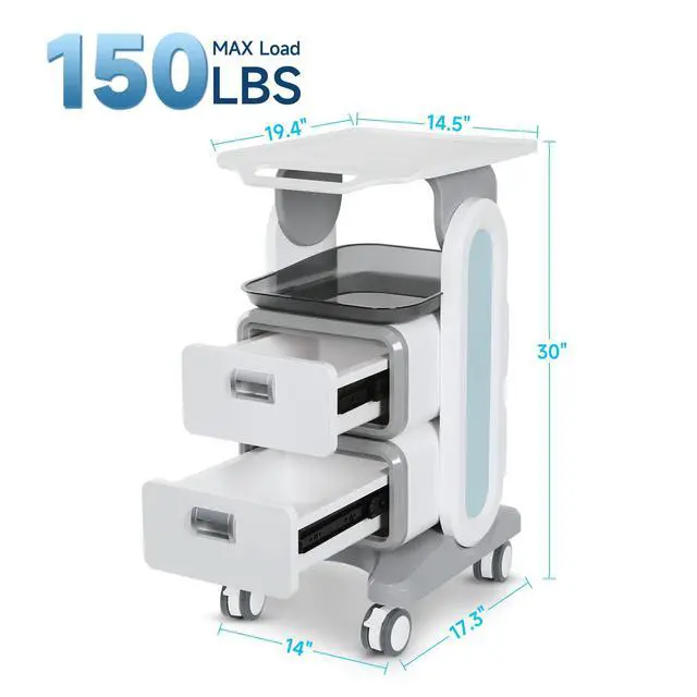 Alt view image 2 of 6 - Medical Trolley Cart with 2 Drawers, Mobile Ultrasound Rolling Cart with Wheels and Trays, 150 LBS MAX Load Utility Storage Trolley for Hospital Dental Clinic Beauty Salon