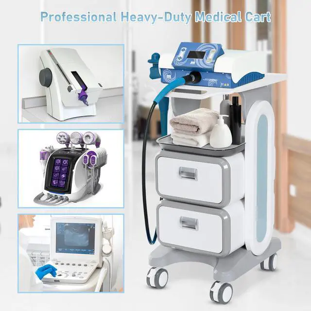Alt view image 3 of 6 - Medical Trolley Cart with 2 Drawers, Mobile Ultrasound Rolling Cart with Wheels and Trays, 150 LBS MAX Load Utility Storage Trolley for Hospital Dental Clinic Beauty Salon